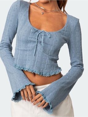 Edikted Dusty Blue Ribbed Lace-Trim Tie Front Crop Top
